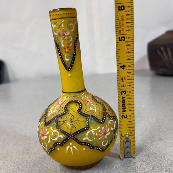 Antique Webb Moroccan Yellow Glass Vase Set Hand-Painted Floral Glows Orange - Picture 13 of 13